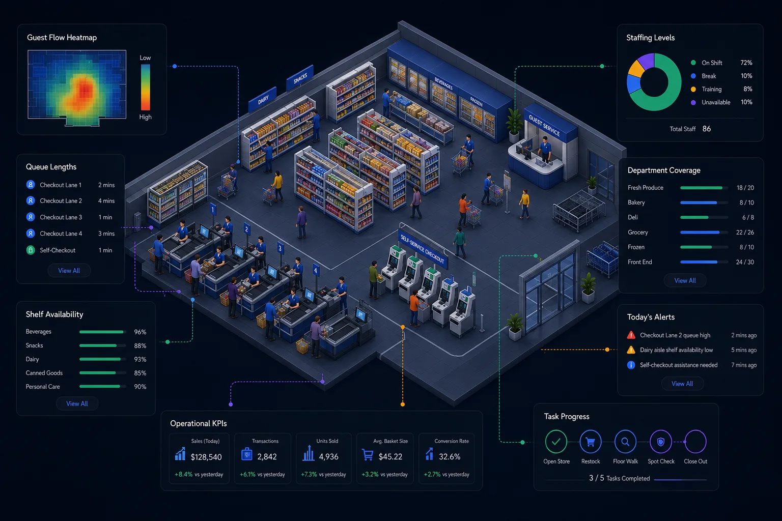 Supermarket floor with checkout lanes and shelf stock monitoring